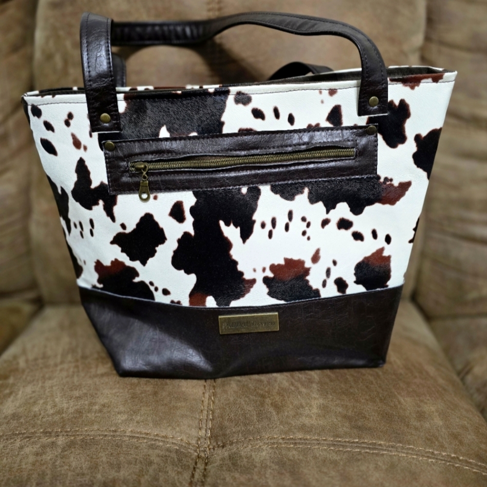Cowhide print tote w/ cosmetic bag or wallet